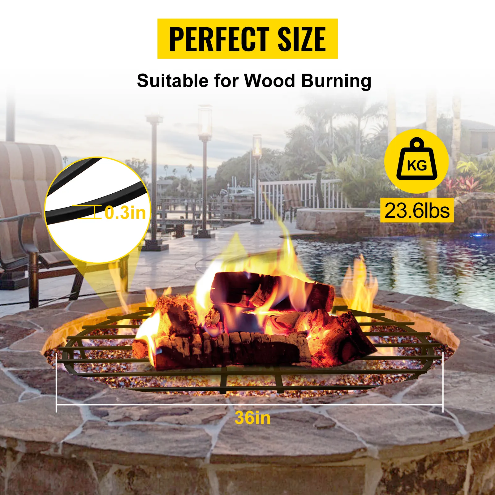 VEVOR fire pit grate for wood burning, 36in size, 0.3in thickness, 23.6lbs weight.