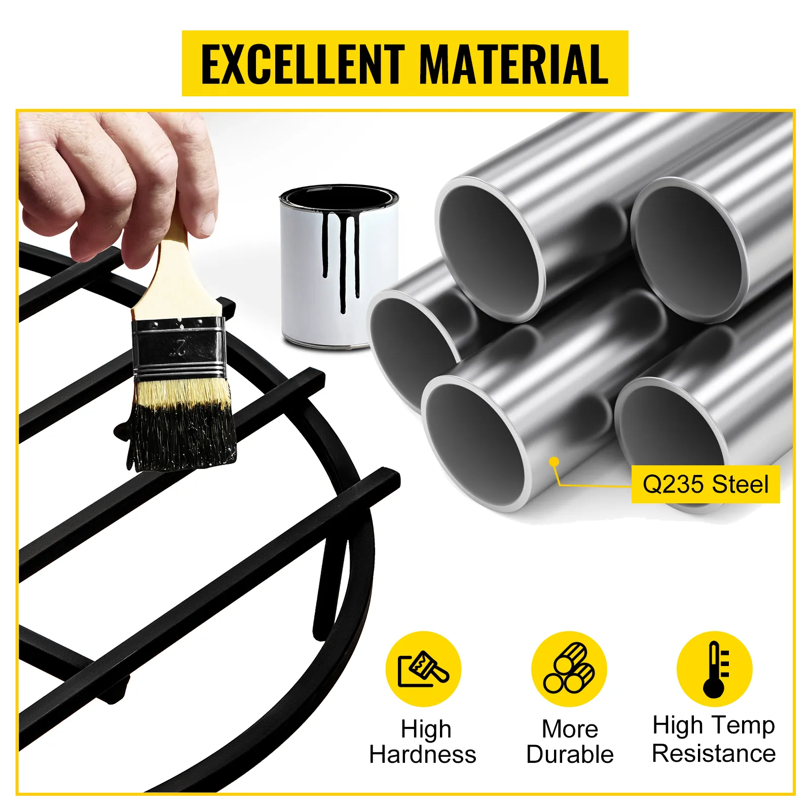 hand painting a VEVOR fire pit grate made of durable q235 steel for high-temperature resistance.