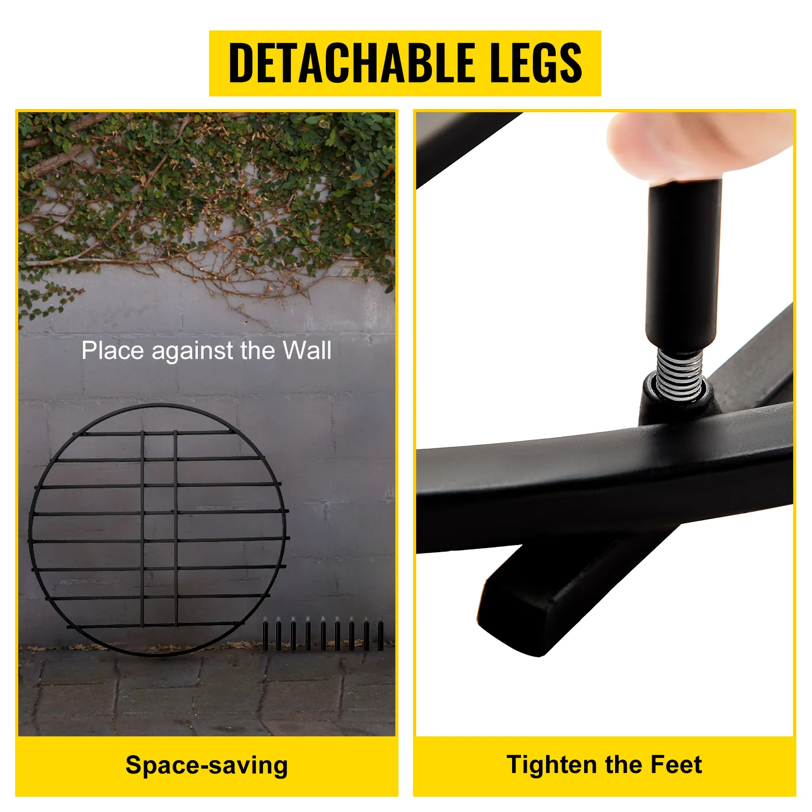 VEVOR fire pit grate with space-saving detachable legs and tightening feet.