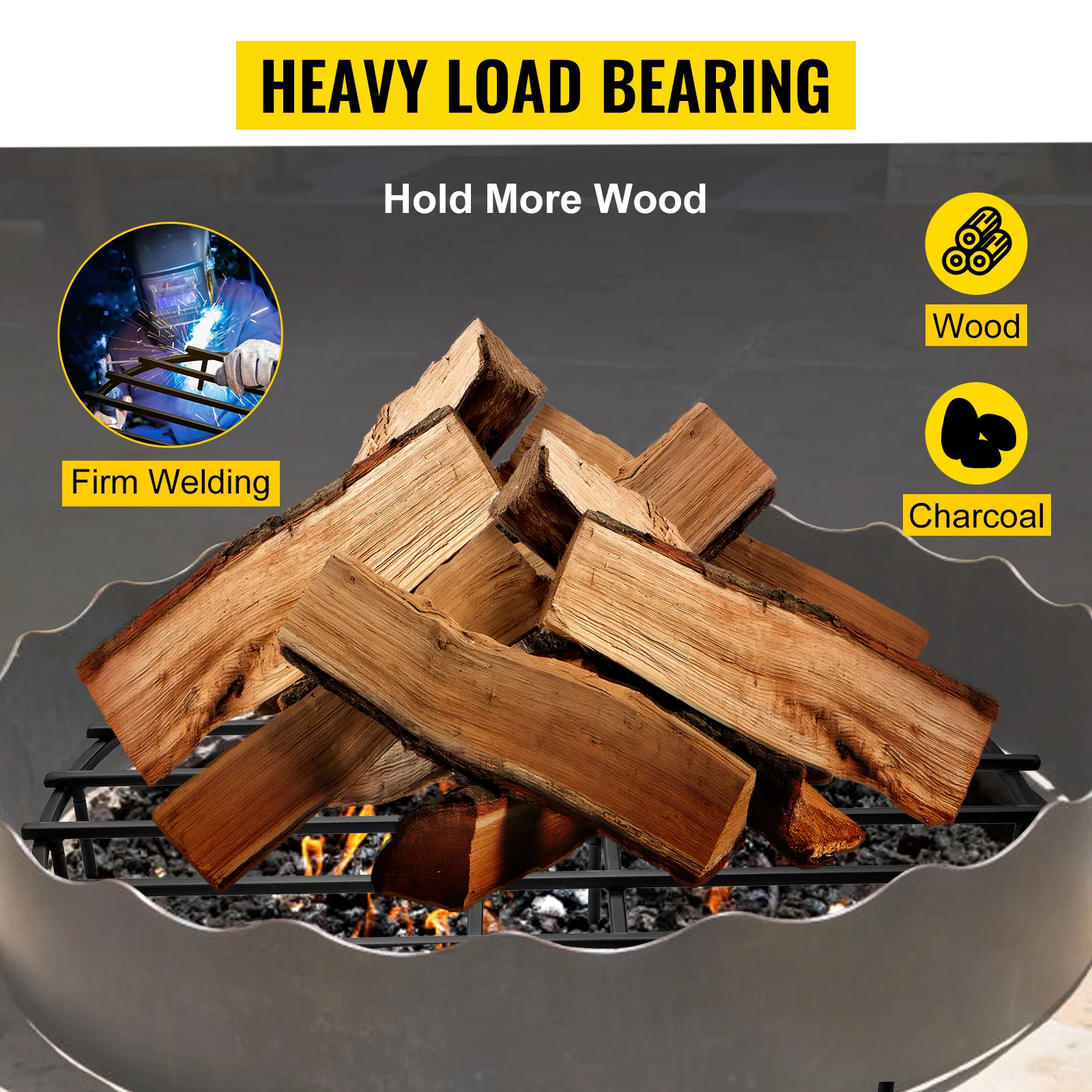 VEVOR fire pit grate holding wood atop burning charcoal with heavy load bearing capacity.