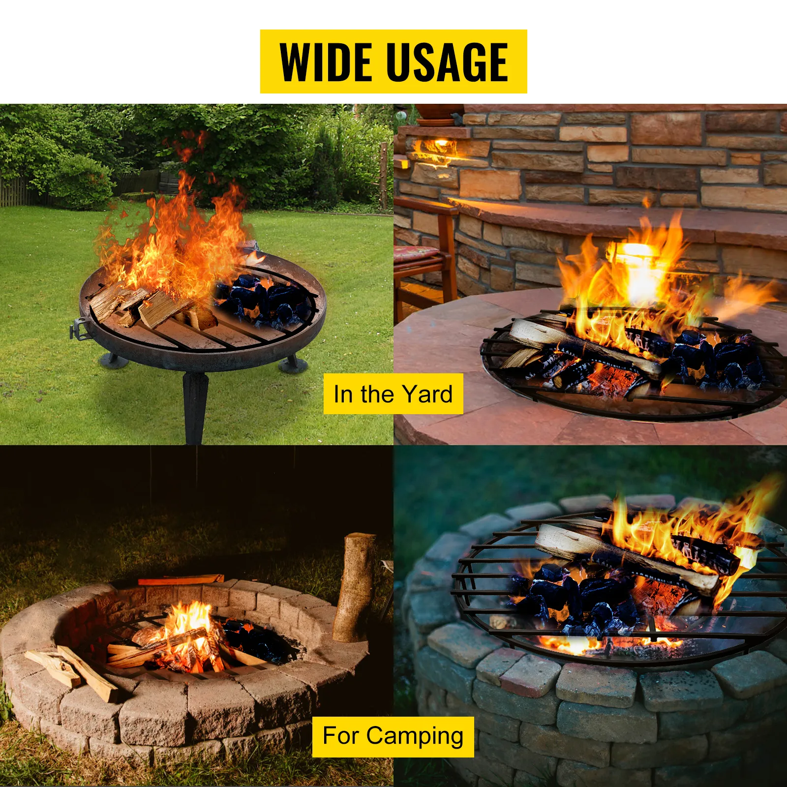 VEVOR fire pit grate in yard and camping settings with wood and flames.