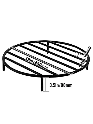 VEVOR fire pit grate with measurements 19in/480mm diameter, 3.5in/90mm height.