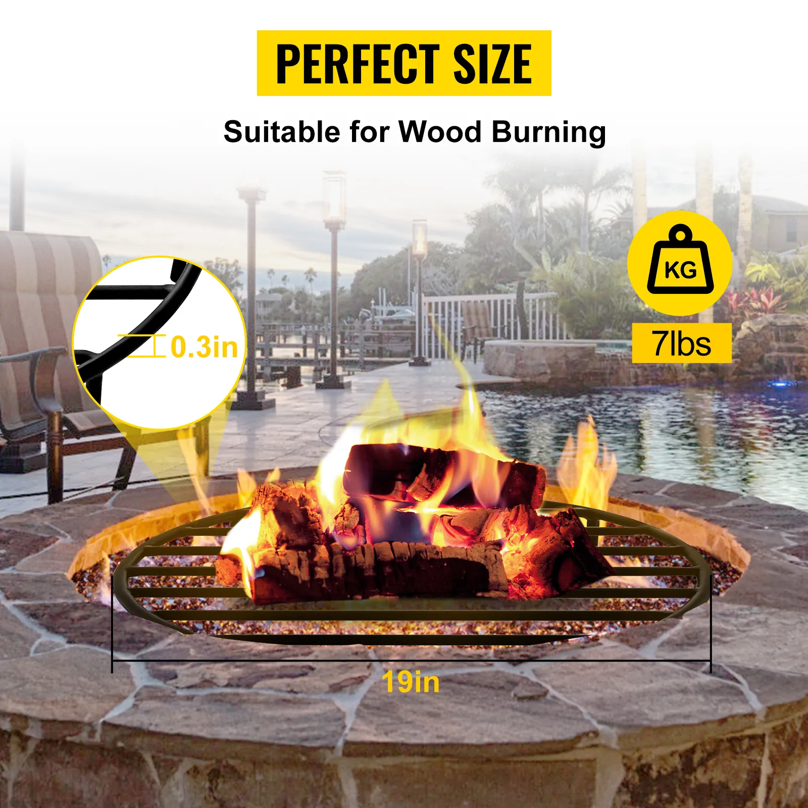 VEVOR fire pit grate, 19in, for wood burning, 7lbs, perfect size for backyard fire pits.