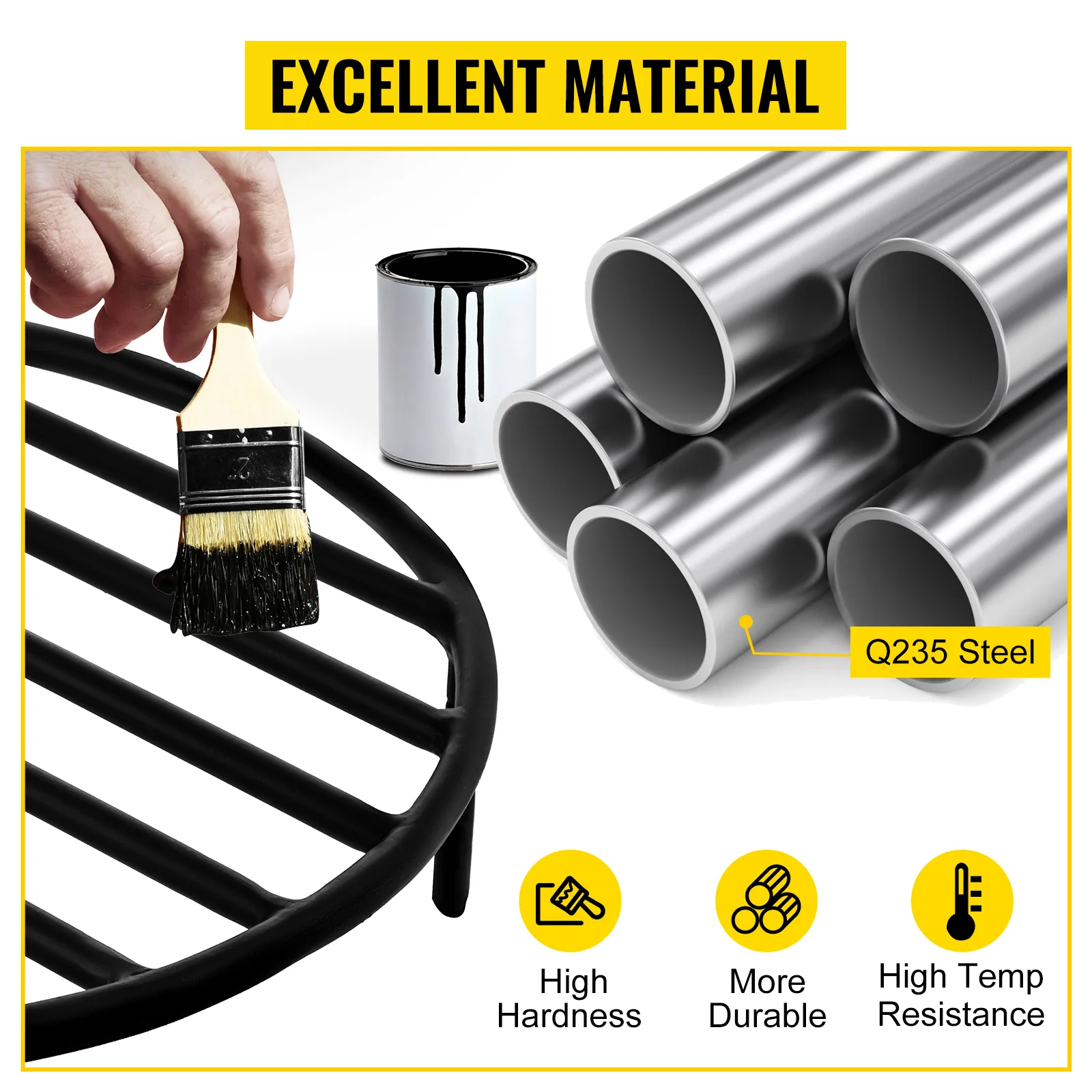 VEVOR fire pit grate made of q235 steel, featuring high hardness and durability.