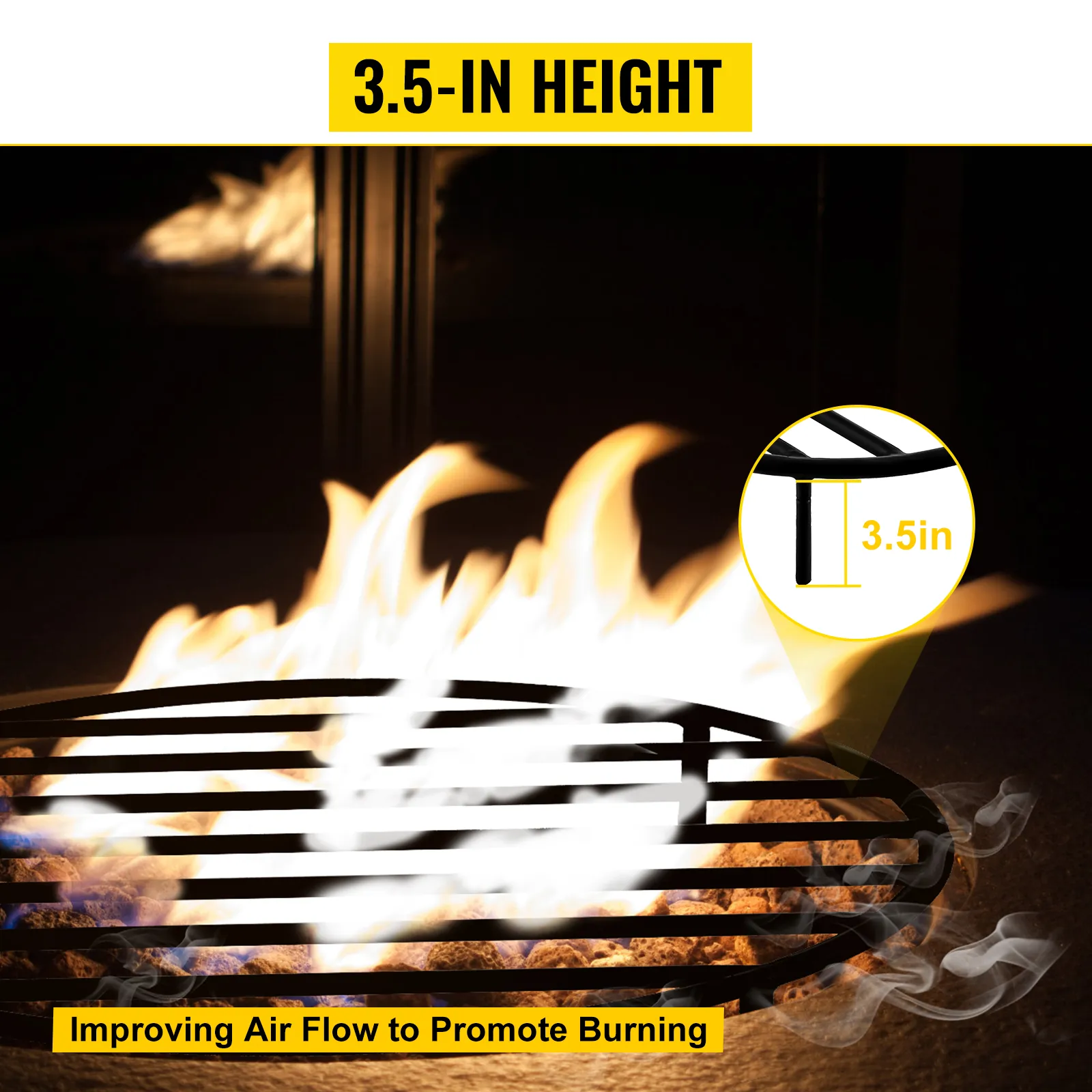 VEVOR fire pit grate with 3.5-inch height, enhancing airflow for better burning.