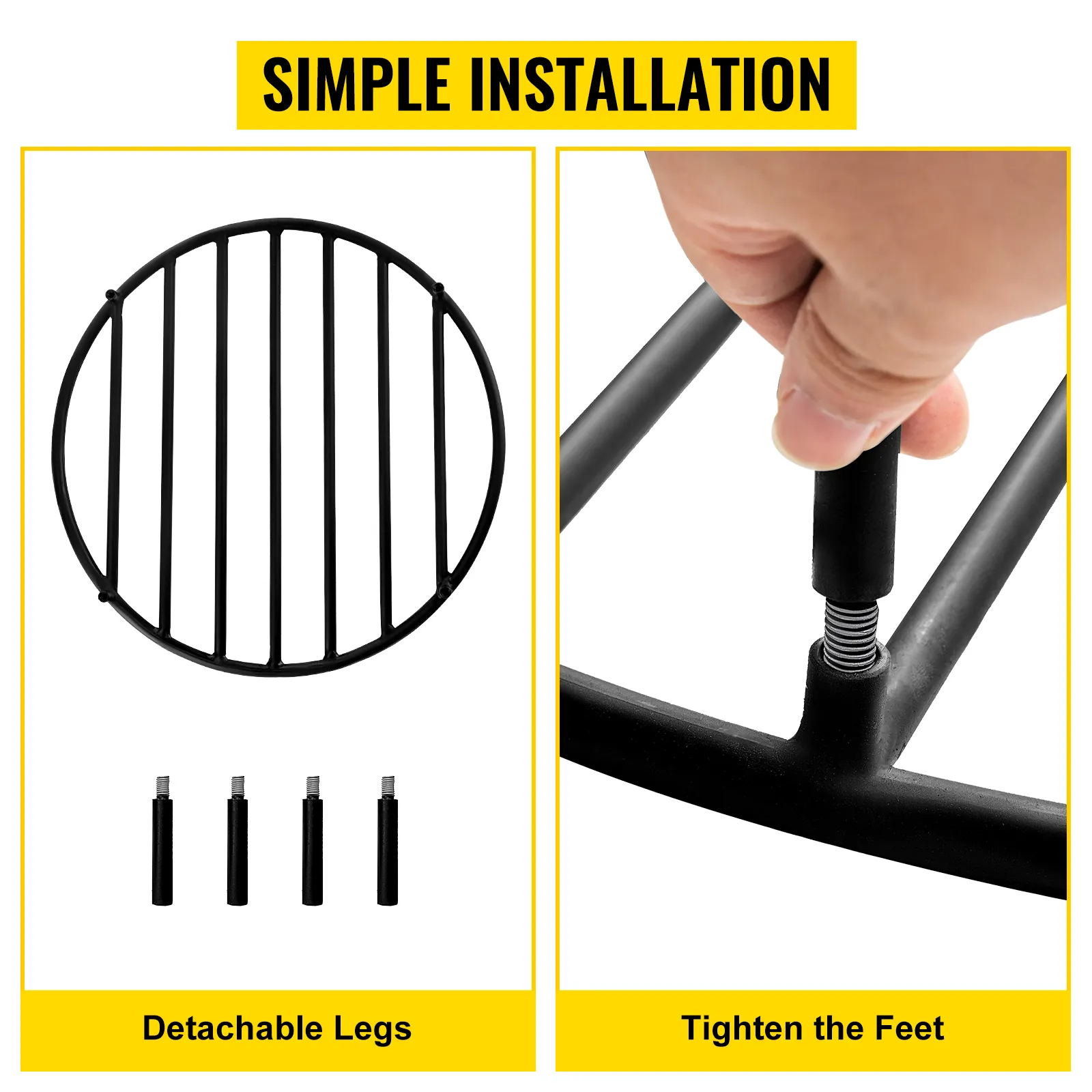 VEVOR fire pit grate featuring detachable legs and simple installation steps.