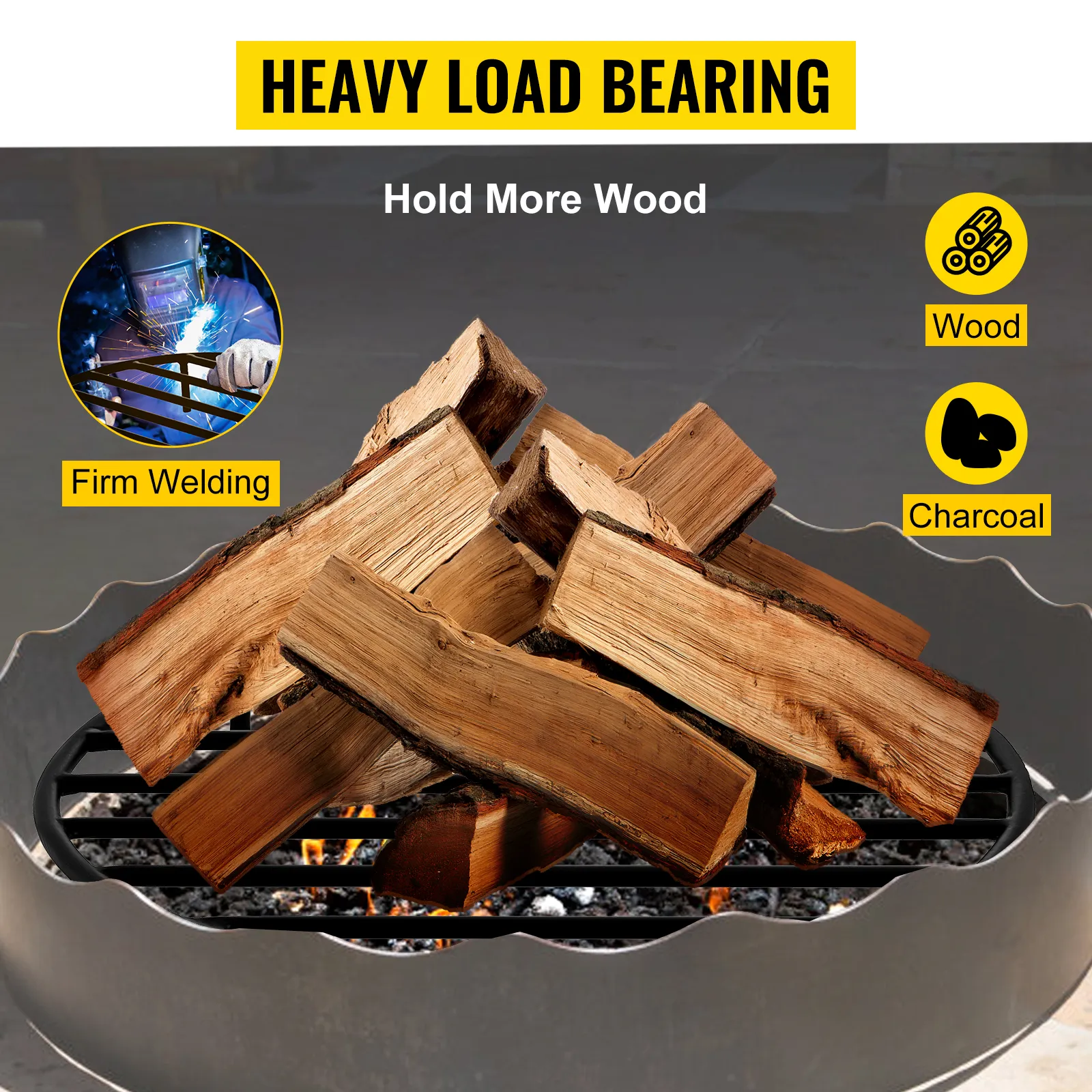 VEVOR fire pit grate holding wood logs, showcasing firm welding and heavy load bearing.