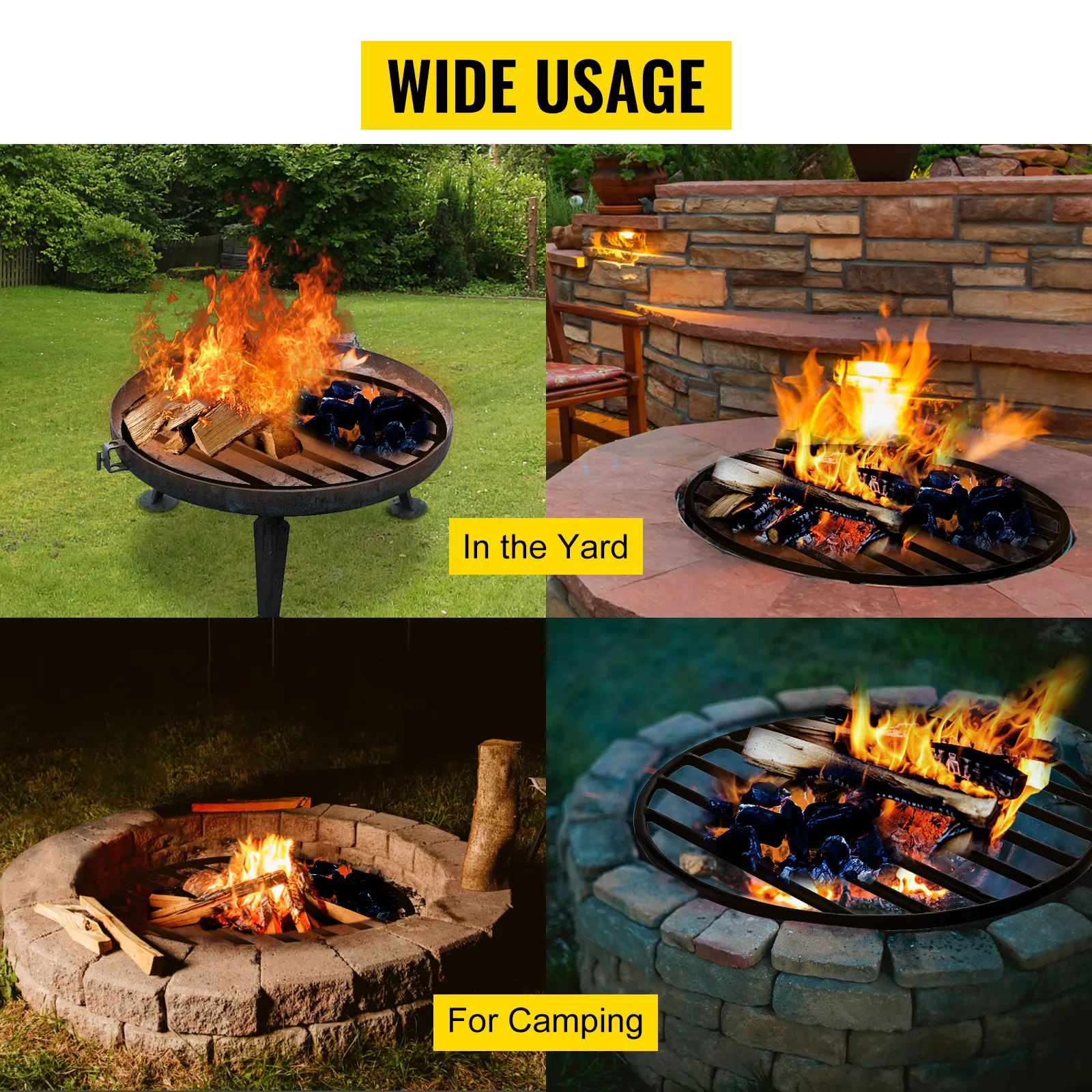 VEVOR fire pit grate in various outdoor settings: yard and camping usage.