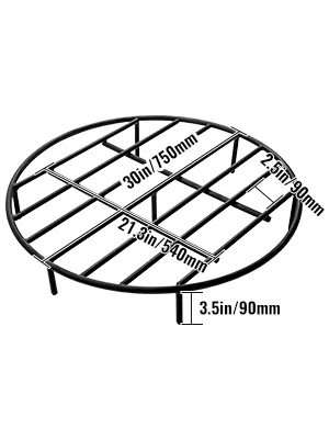 round VEVOR fire pit grate with dimensions labeled for height and diameter.