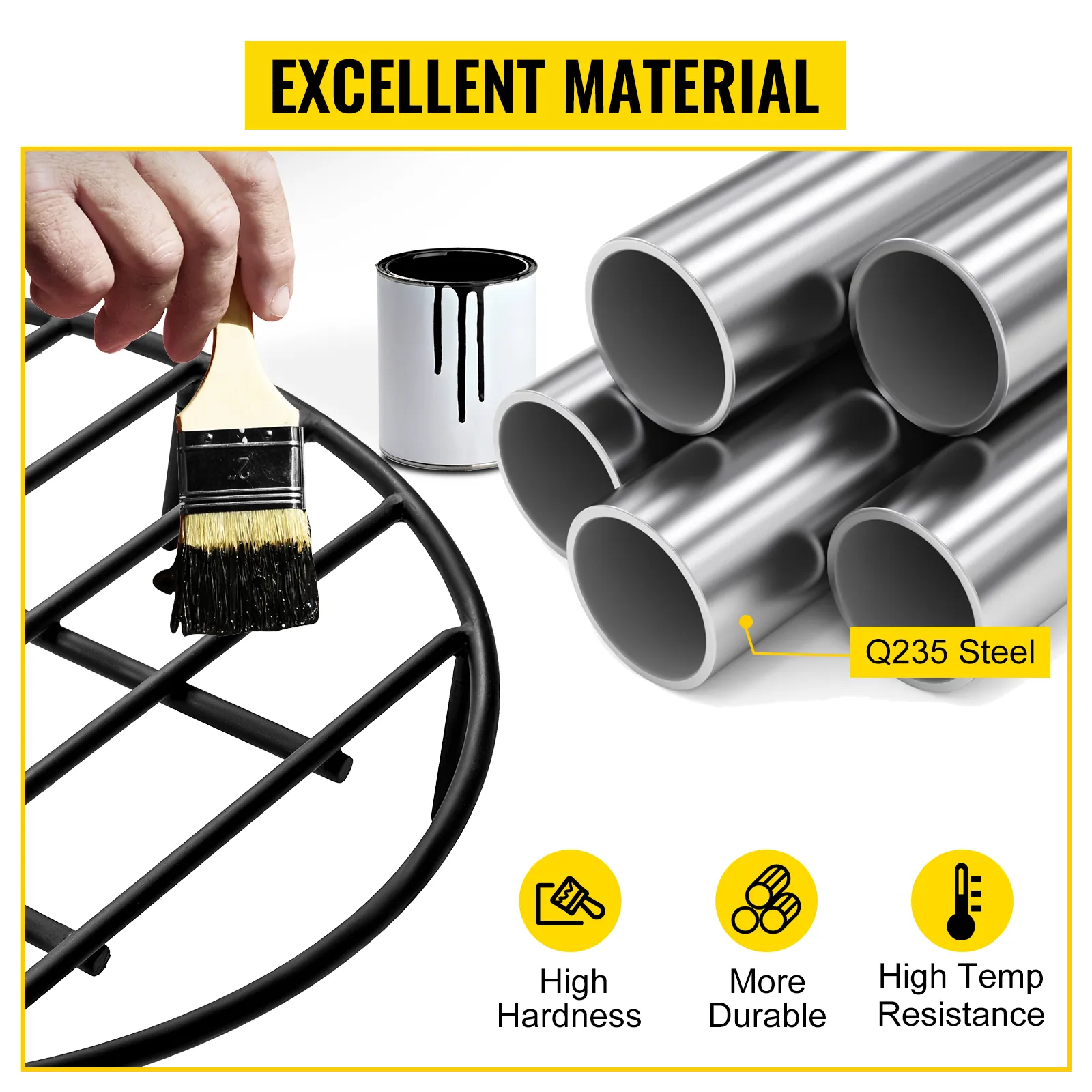 VEVOR fire pit grate made with q235 steel, durable, high hardness, heat resistant.