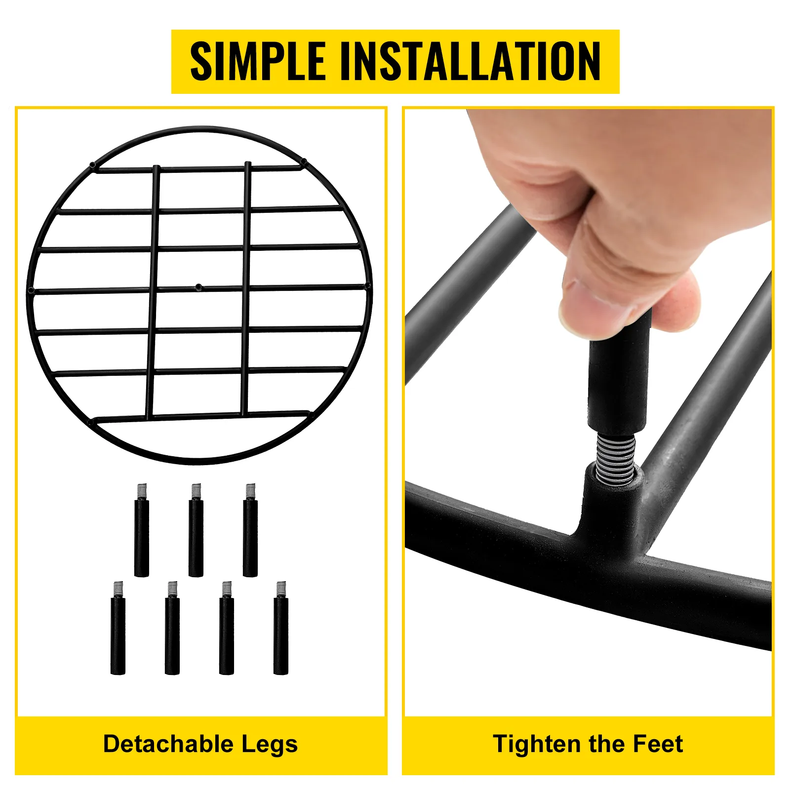 VEVOR fire pit grate with detachable legs and easy tightening installation.