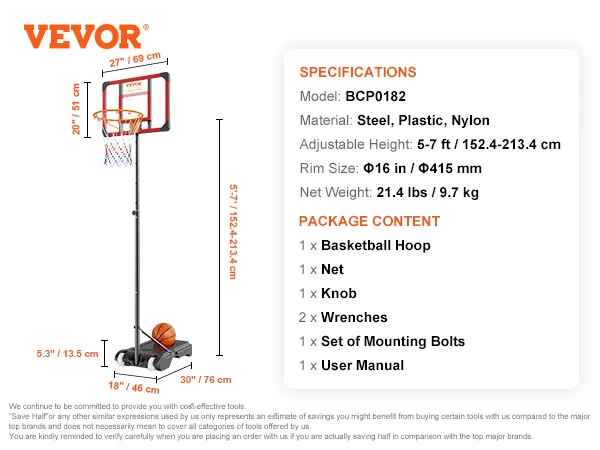 Aro de baloncesto VEVOR con altura ajustable, aro de 16 pulgadas, construcción de acero, plástico y nailon.