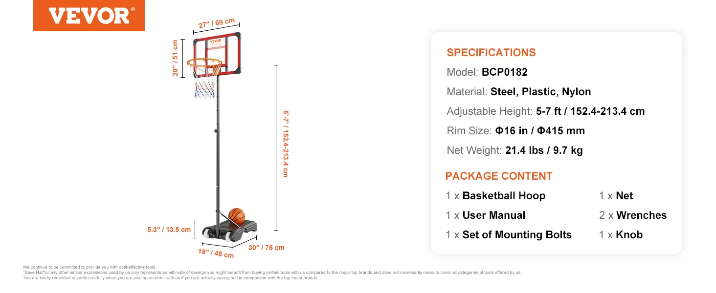Aro de baloncesto VEVOR con altura ajustable, aro de 16 pulgadas, construcción de acero, plástico y nailon.