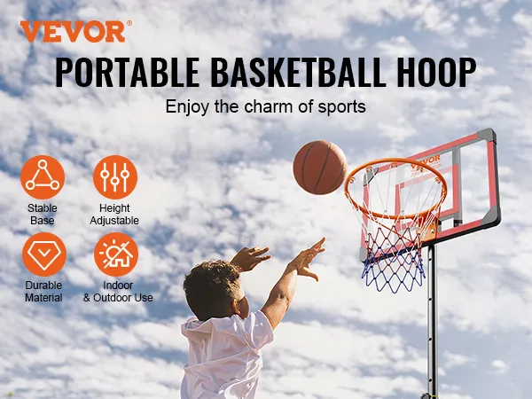 El aro de baloncesto VEVOR presenta un diseño portátil y de altura ajustable para uso en interiores y exteriores.