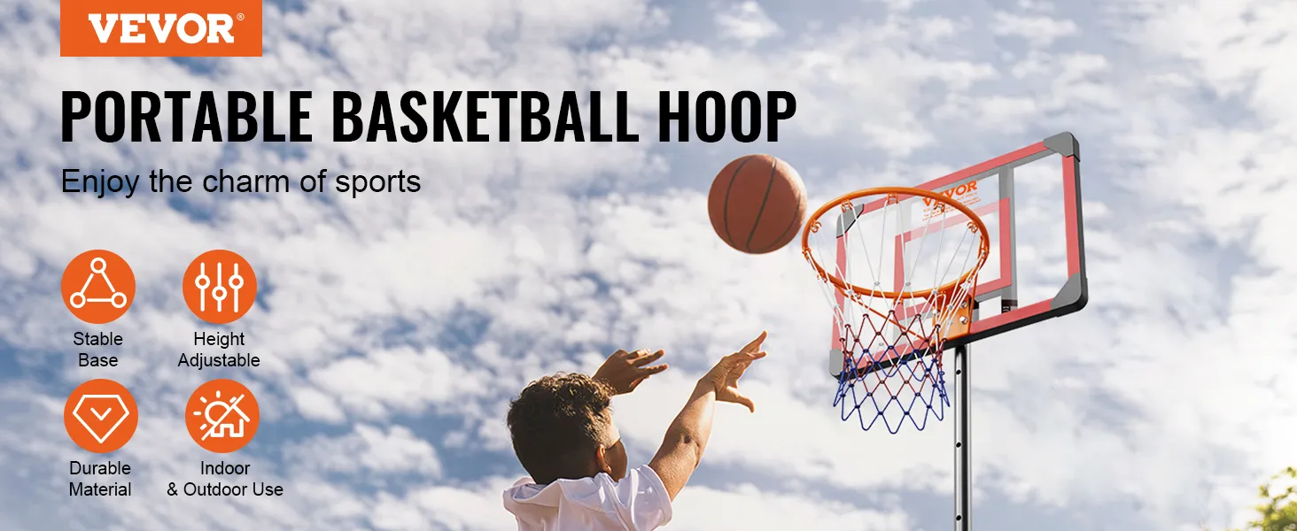 El aro de baloncesto VEVOR presenta un diseño portátil y de altura ajustable para uso en interiores y exteriores.
