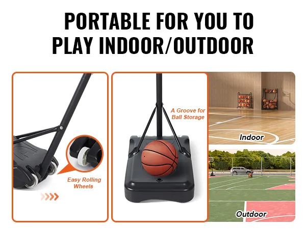 Aro de baloncesto VEVOR con ruedas y almacenamiento de pelotas para jugar en interiores y exteriores.
