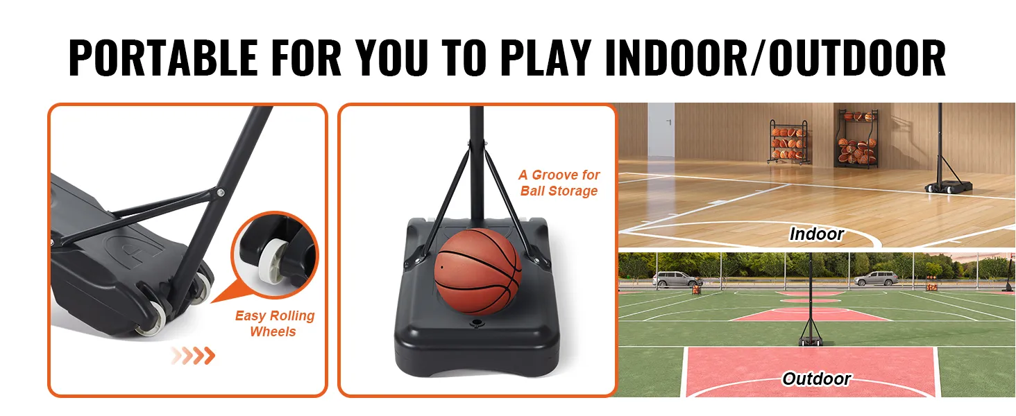 Aro de baloncesto VEVOR con ruedas y almacenamiento de pelotas para jugar en interiores y exteriores.