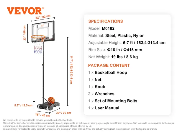 Aro de baloncesto VEVOR con altura ajustable, dimensiones y contenido del paquete detallado al lado.
