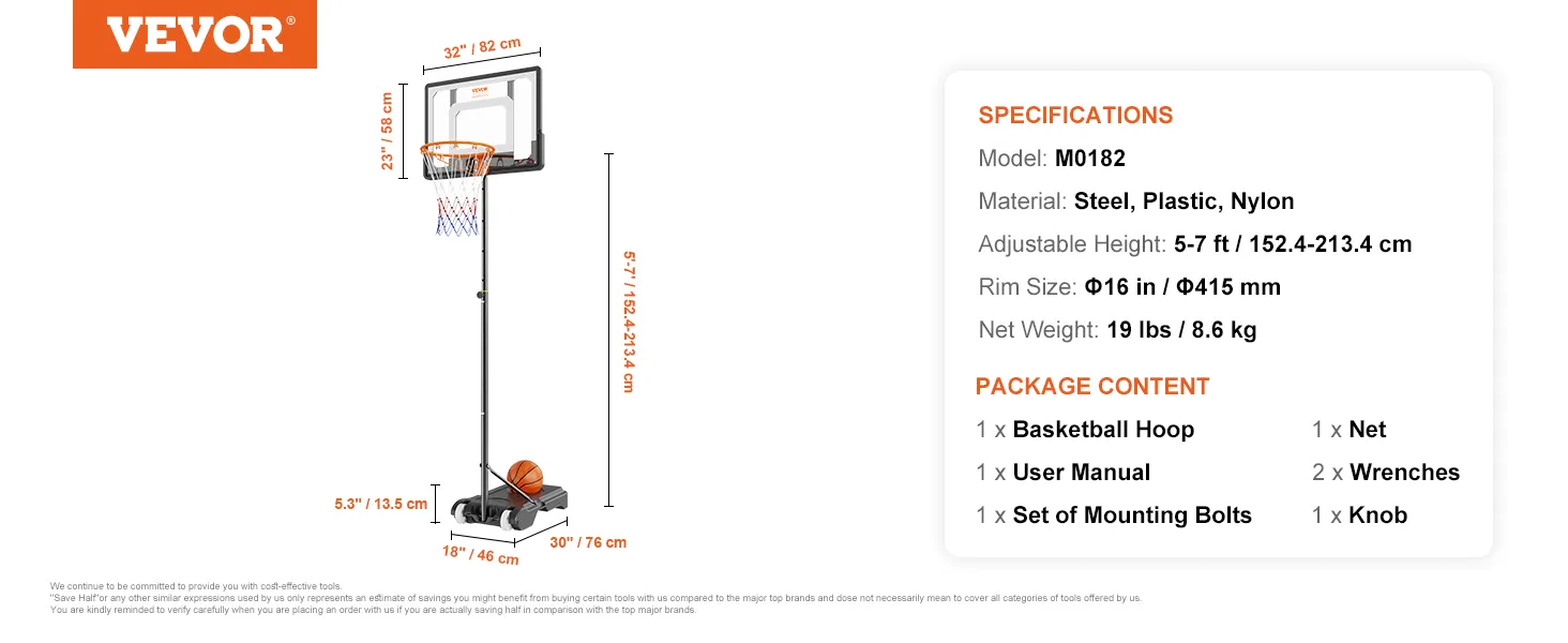 Aro de baloncesto VEVOR con altura ajustable, dimensiones y contenido del paquete detallado al lado.