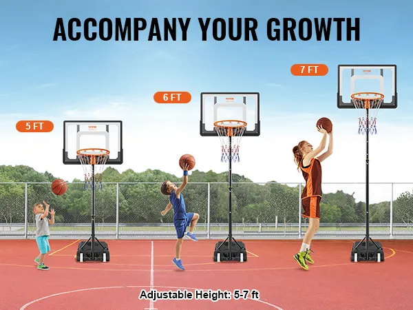 Aro de baloncesto VEVOR con altura ajustable de 5 a 7 pies, perfecto para que los niños jueguen al aire libre.
