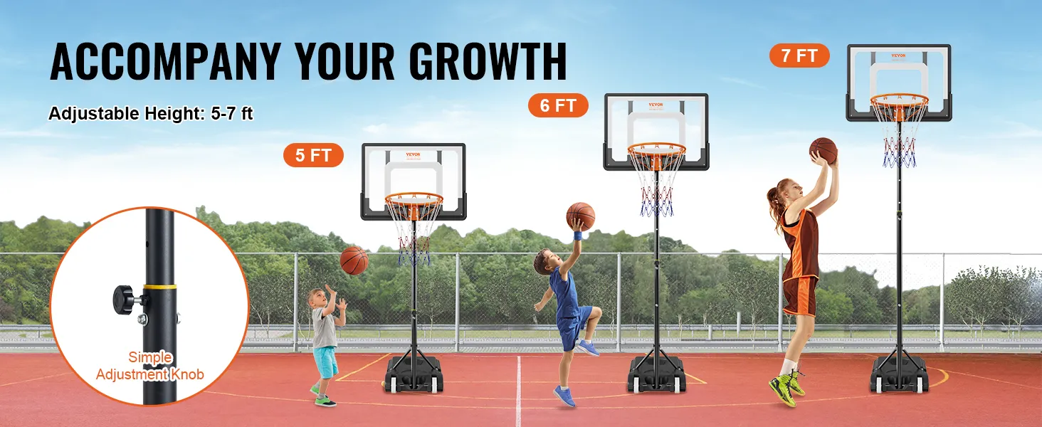 Aro de baloncesto VEVOR con altura ajustable de 5 a 7 pies, perfecto para que los niños jueguen al aire libre.