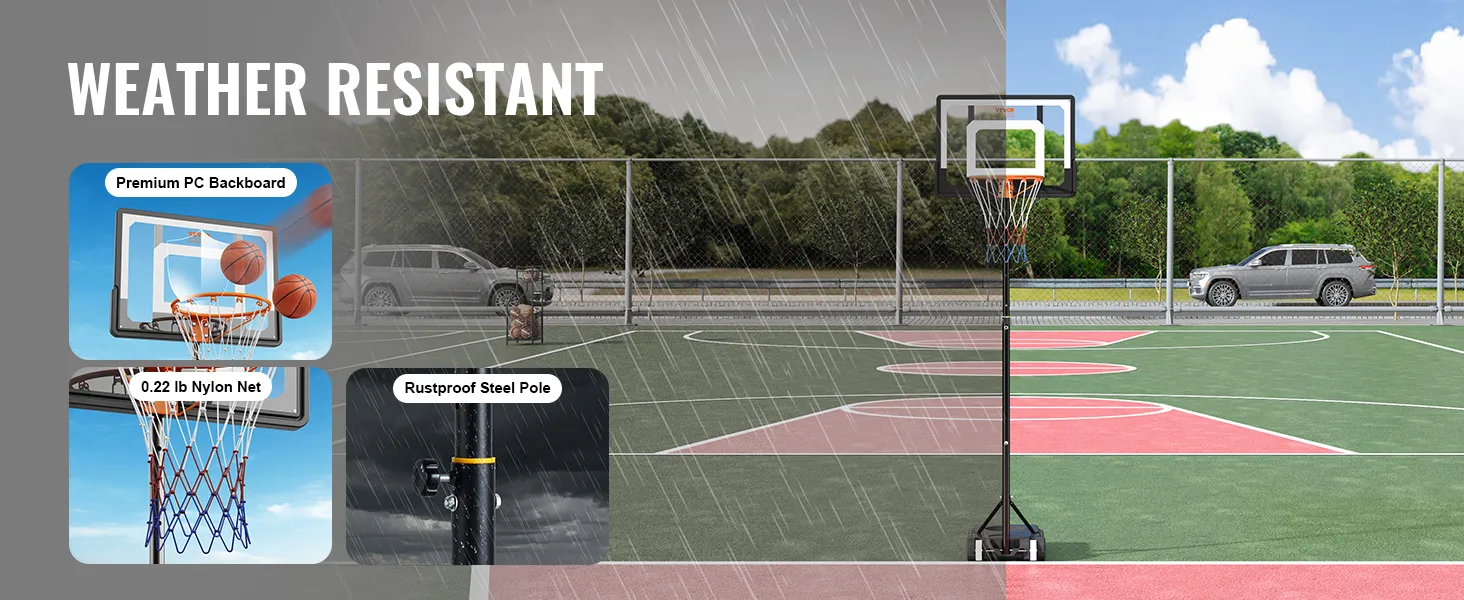 Aro de baloncesto VEVOR con tablero de PC de primera calidad, red de nailon de 0,22 lb y poste de acero a prueba de óxido bajo la lluvia.