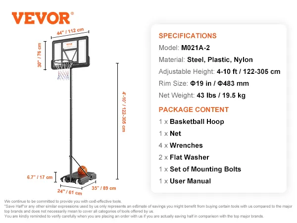 VEVOR Basketball Hoop, 7.6-10 Ft Adjustable Height Portable Backboard