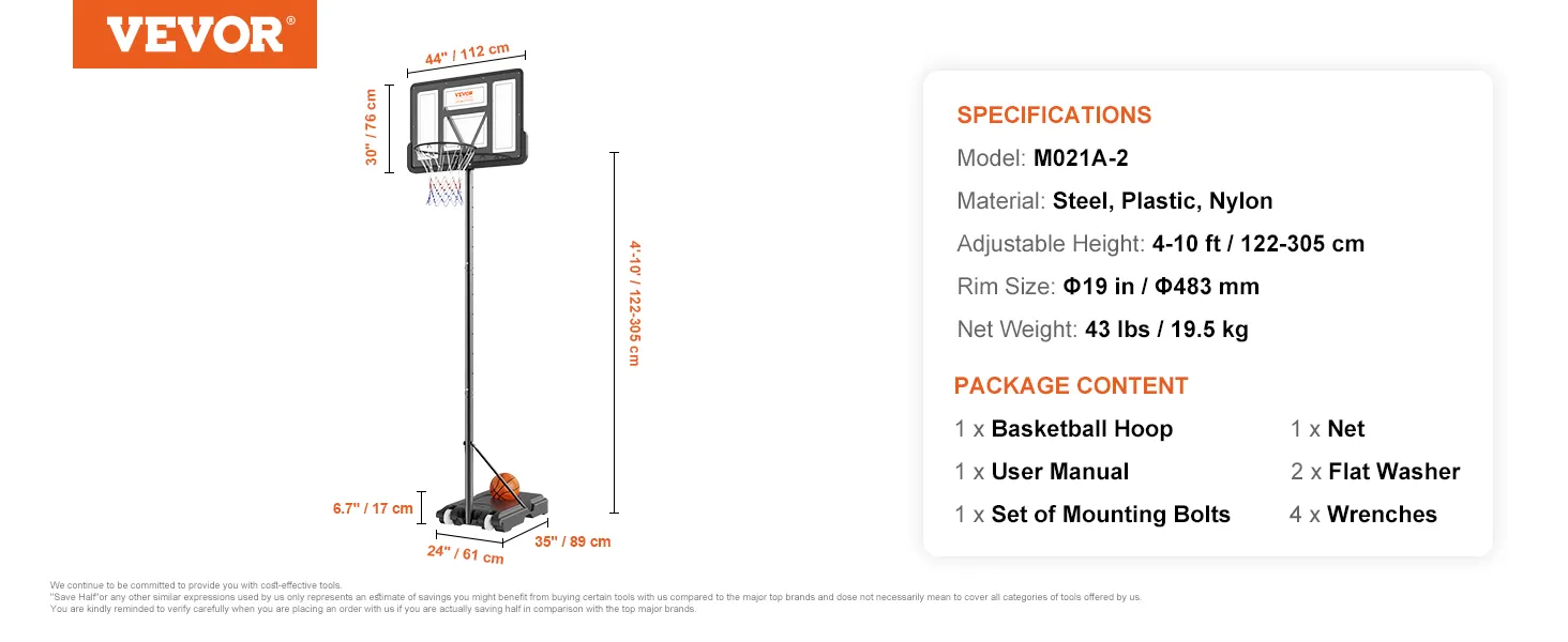 VEVOR basketbalring, verstelbare hoogte 4-10 ft, velgmaat ø19 inch, staal-kunststof-nylon, inhoud van de verpakking.