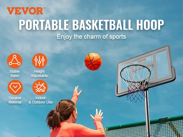 VEVOR basketbalring met in hoogte verstelbare, stabiele basis, duurzaam materiaal, voor binnen- en buitengebruik