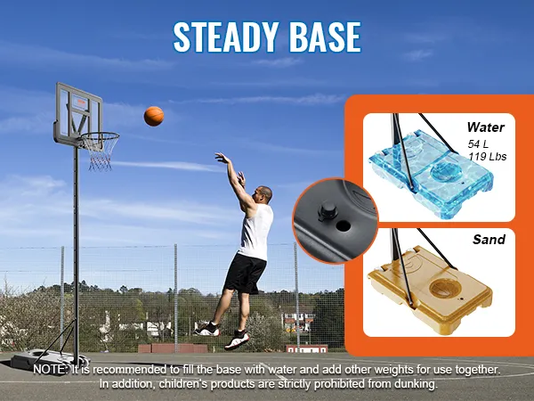 VEVOR basketbalring met verstelbare hoogte en stevige basis voor water of zand, ideaal voor buitenspelen.