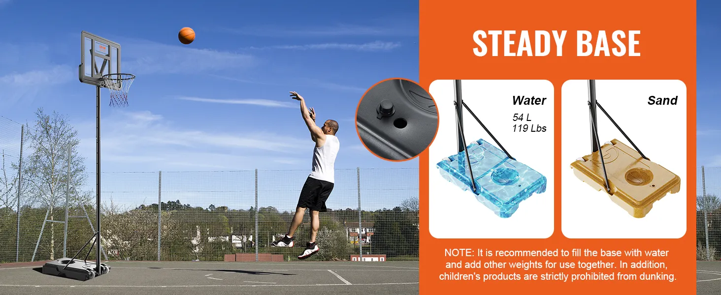 VEVOR basketbalring met verstelbare hoogte en stevige basis voor water of zand, ideaal voor buitenspelen.