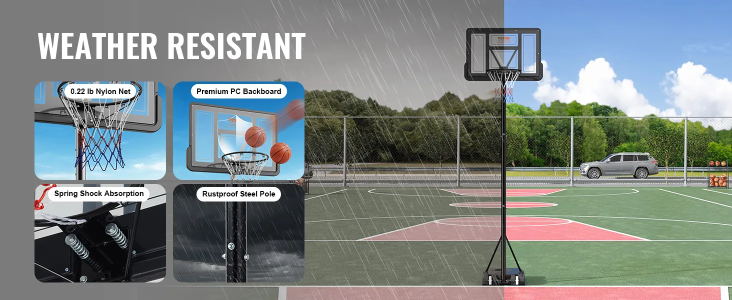 VEVOR basketbalring met nylon net, pc-backboard, schokabsorptie en roestvrij stalen paal