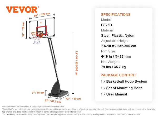 VEVOR basketbalring met verstelbare hoogte, 50" backboard en stevige basis met specificaties.