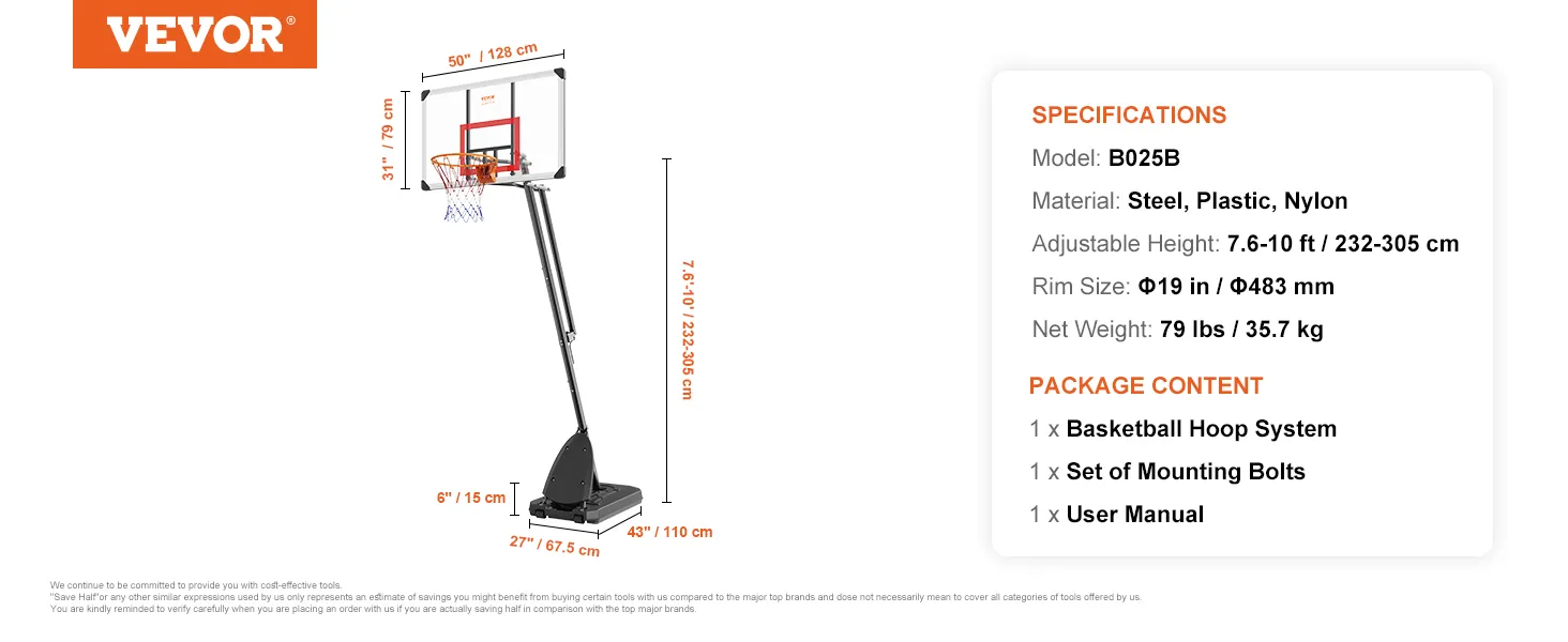 VEVOR basketbalring met verstelbare hoogte, 50" backboard en stevige basis met specificaties.