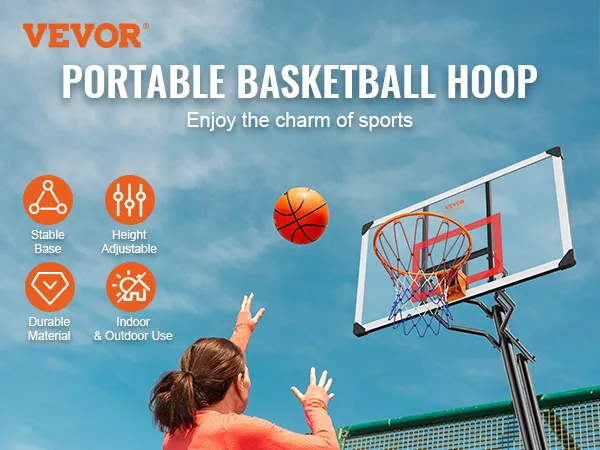 VEVOR basketbalring met stabiele voet, in hoogte verstelbaar, duurzaam materiaal, voor binnen- en buitengebruik.