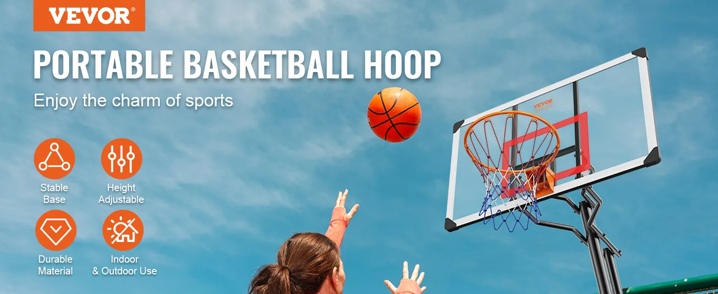 VEVOR basketbalring met stabiele voet, in hoogte verstelbaar, duurzaam materiaal, voor binnen- en buitengebruik.