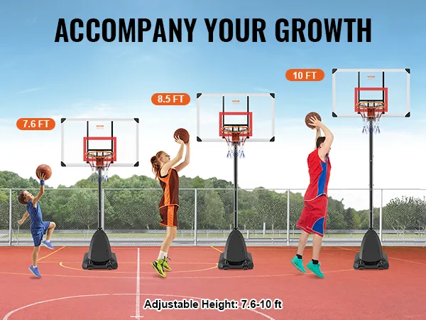Verstelbare VEVOR basketbalring met hoogte-instellingen van 2,4 tot 3 meter en eenvoudig met de hand op te tillen.