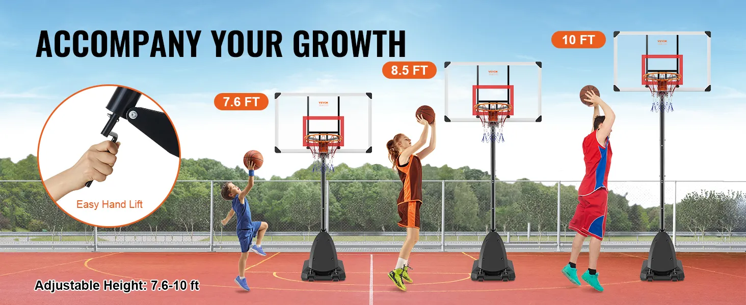 Verstelbare VEVOR basketbalring met hoogte-instellingen van 2,4 tot 3 meter en eenvoudig met de hand op te tillen.