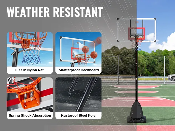 Weerbestendige VEVOR basketbalring op het veld met onbreekbaar backboard en roestvrijstalen paal.