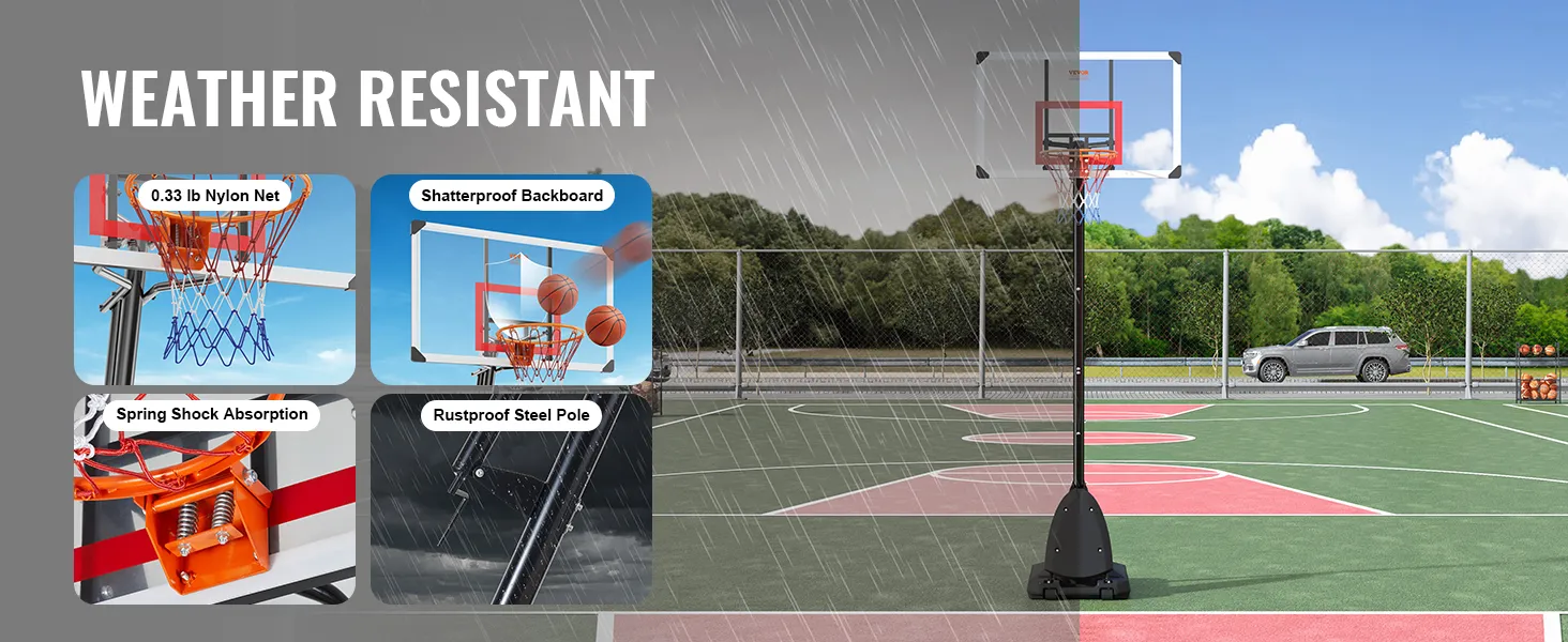 Weerbestendige VEVOR basketbalring op het veld met onbreekbaar backboard en roestvrijstalen paal.