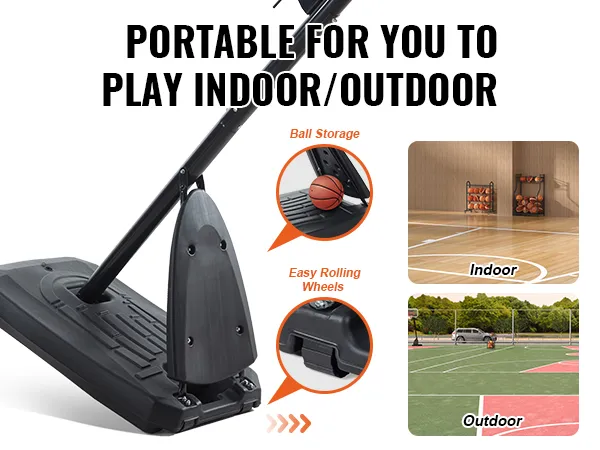 VEVOR basketbalring met opbergruimte voor de bal, makkelijk rollende wielen en zowel binnen als buiten te gebruiken.