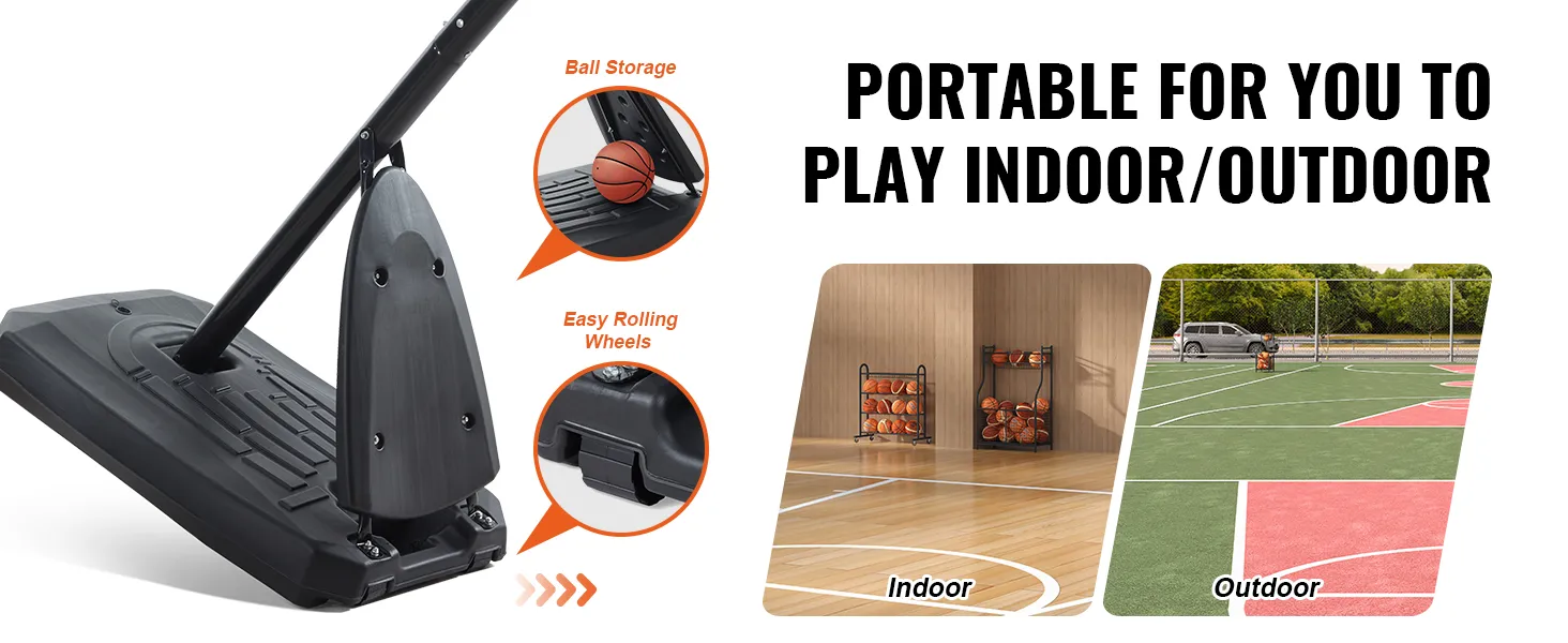 VEVOR basketbalring met opbergruimte voor de bal, makkelijk rollende wielen en zowel binnen als buiten te gebruiken.