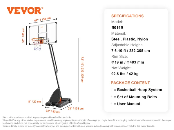 VEVOR basketbalring met verstelbare hoogte, materialen: staal, kunststof en nylon; model b016b.
