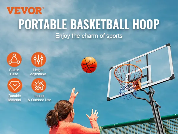 VEVOR basketbalring in gebruik met stabiele basis, in hoogte verstelbaar, duurzaam materiaal, voor binnen en buiten spelen.