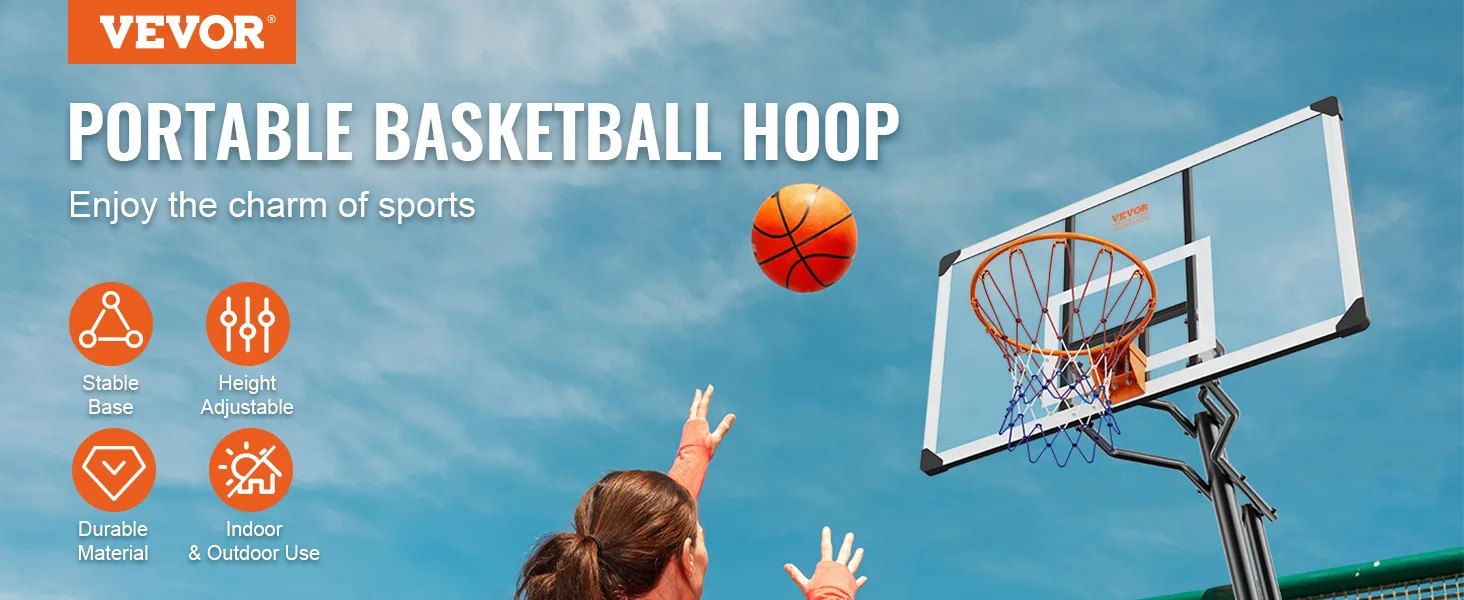 VEVOR basketbalring in gebruik met stabiele basis, in hoogte verstelbaar, duurzaam materiaal, voor binnen en buiten spelen.