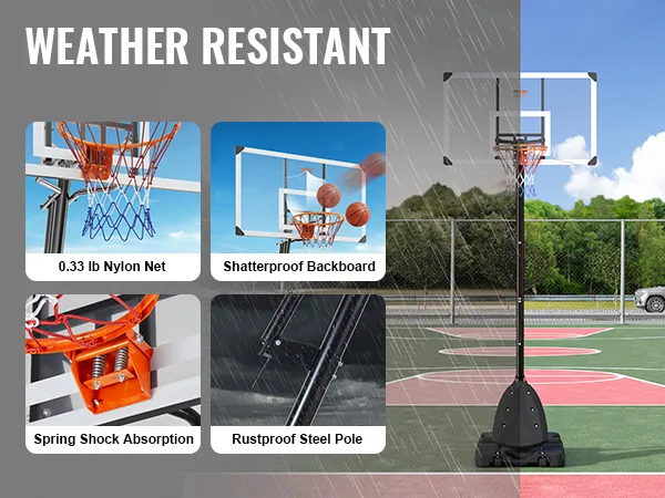 VEVOR basketbalring met nylon net, onbreekbaar backboard, schokabsorptie en roestvrije stalen paal die bestand is tegen regen.