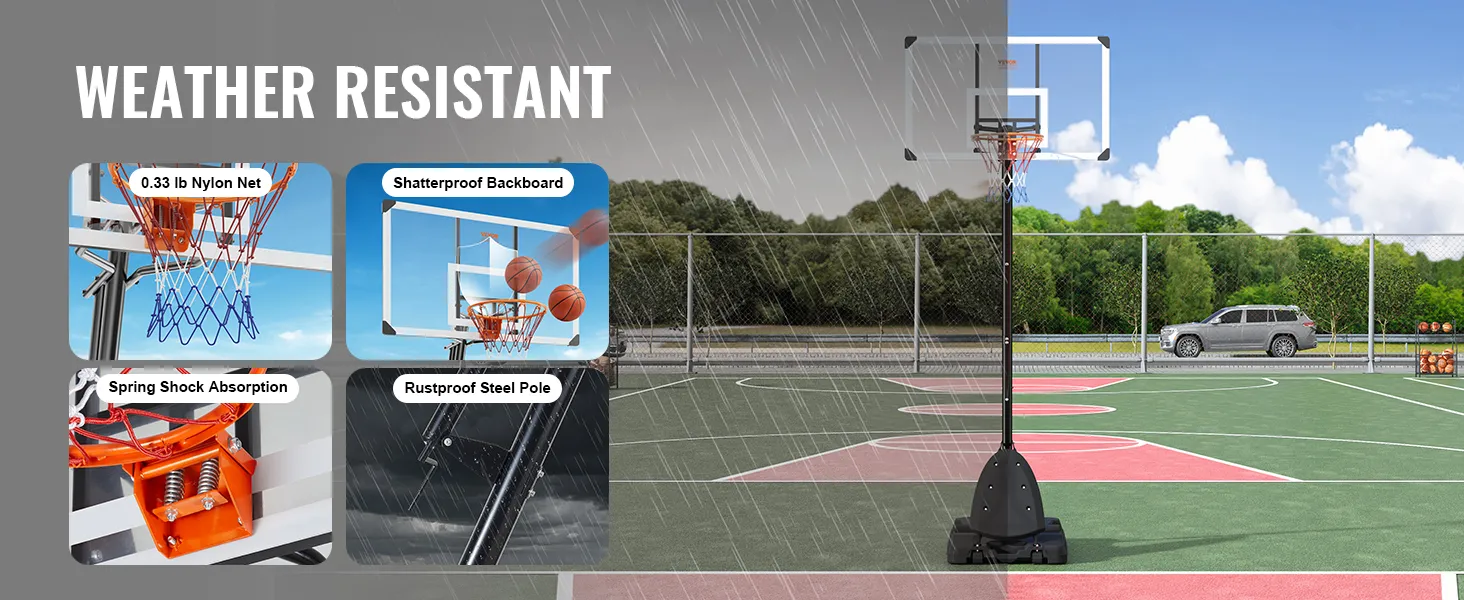VEVOR basketbalring met nylon net, onbreekbaar backboard, schokabsorptie en roestvrije stalen paal die bestand is tegen regen.