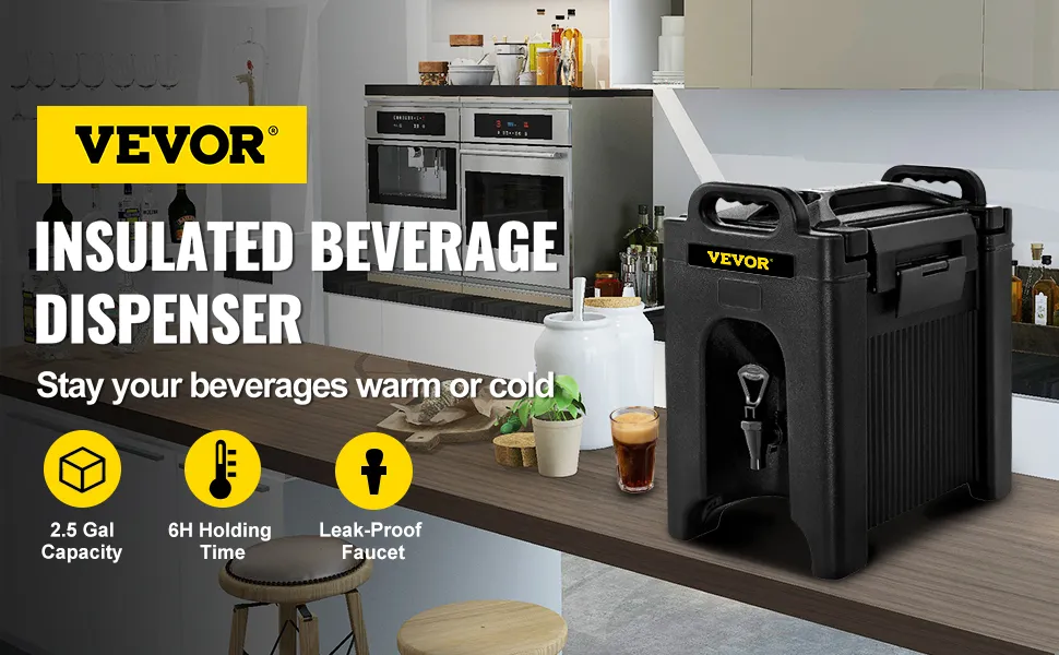 Dispensador de bebidas aislado VEVOR en una cocina moderna, destacando su capacidad de 2,5 galones y su tiempo de conservación de 6 horas.