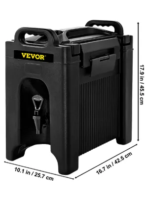 Dispensador de bebidas aislado VEVOR negro con asas y pico, dimensiones etiquetadas.