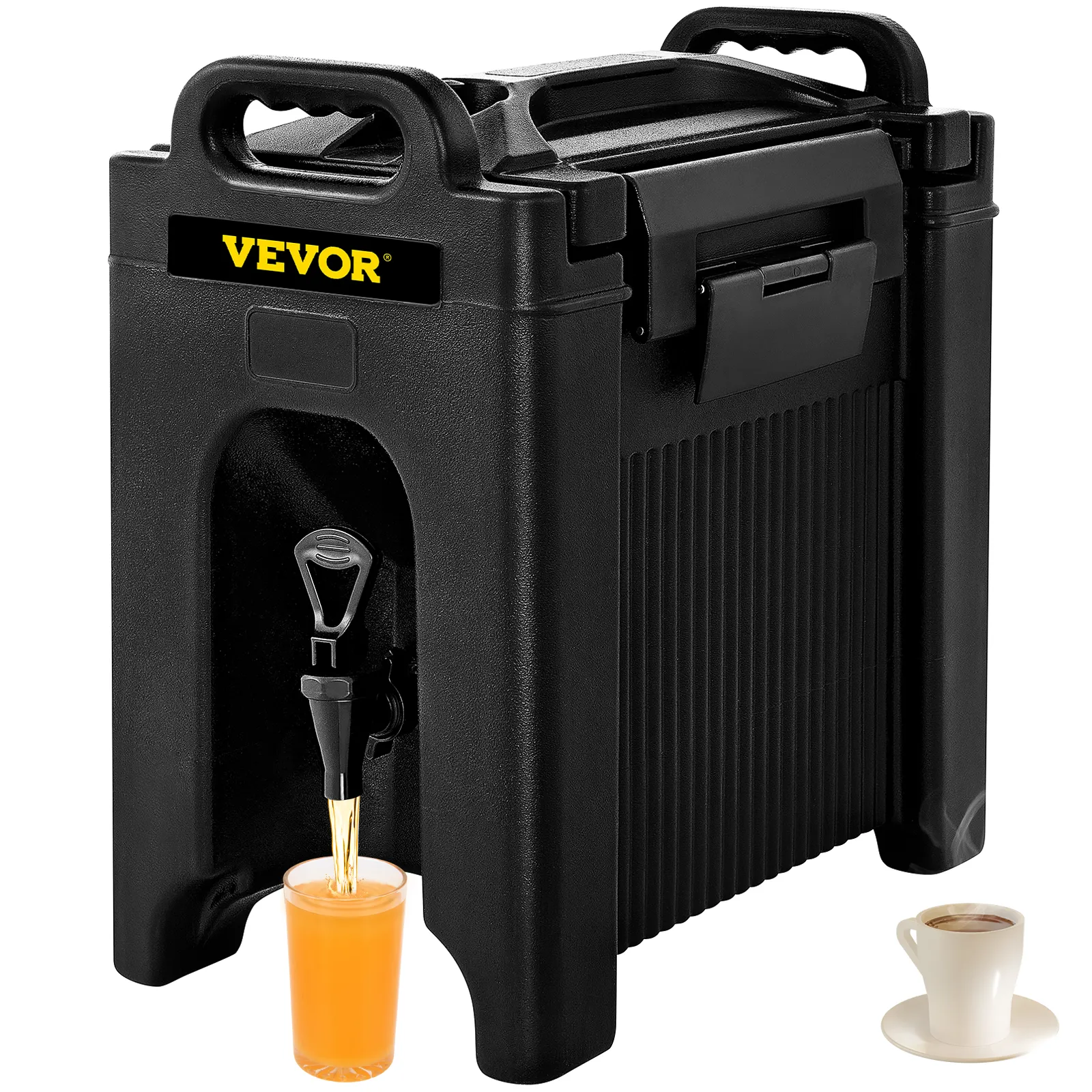 Dispensador de bebidas aislado VEVOR en color negro con pico que vierte líquido naranja en una taza al lado de una taza de café blanca.